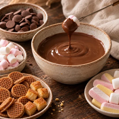 Chocoladefondue met een marshmallow aan een fonduevork, mini stroopwafels, boterkoek bites en spekjes