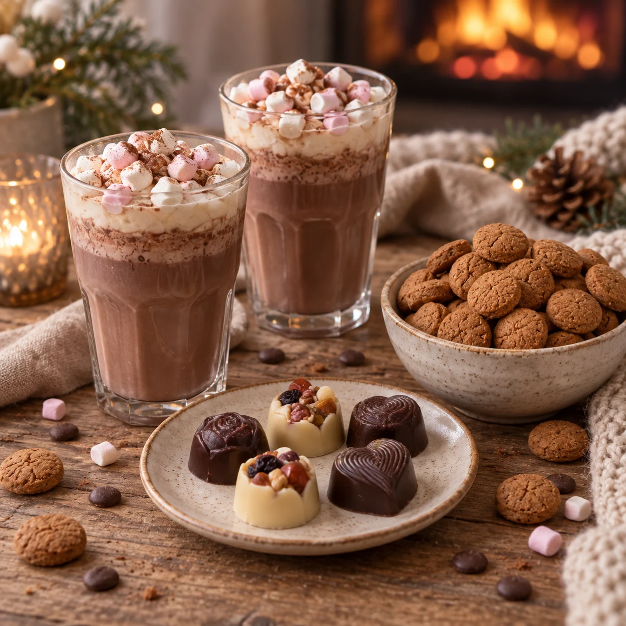 Winterverwenpakket geserveerd met chocolademelk, bonbons en kruidnoten